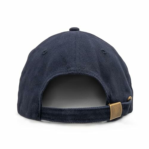 Back view of a navy blue baseball cap with adjustable strap.