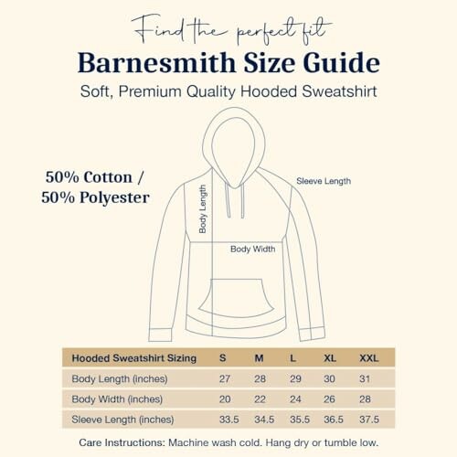 Barnesmith size guide for hooded sweatshirt with body and sleeve length measurements.