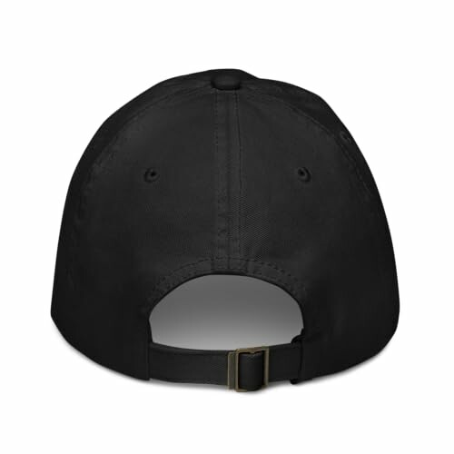 Back view of a black baseball cap with adjustable strap