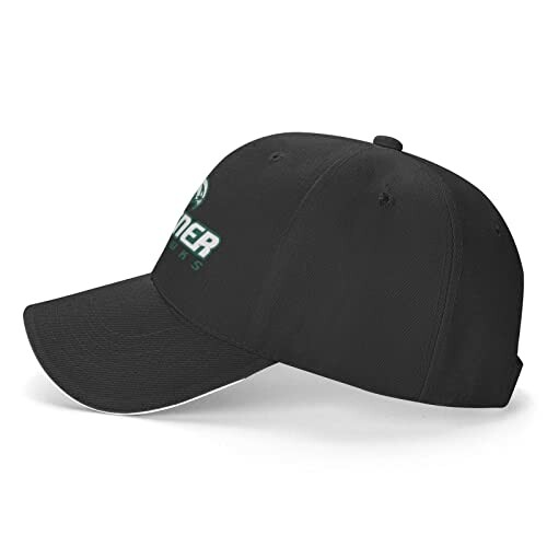 Black baseball cap with logo, side view