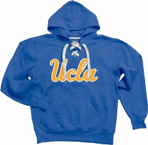 Blue hoodie with UCLA logo and lace-up neckline