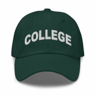 Green baseball cap with the word 'COLLEGE' on it