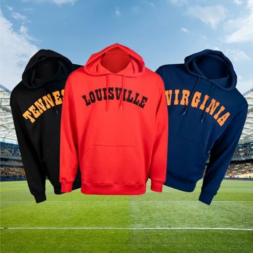 Three college hoodies with Tennessee, Louisville, and Virginia text in a stadium setting.