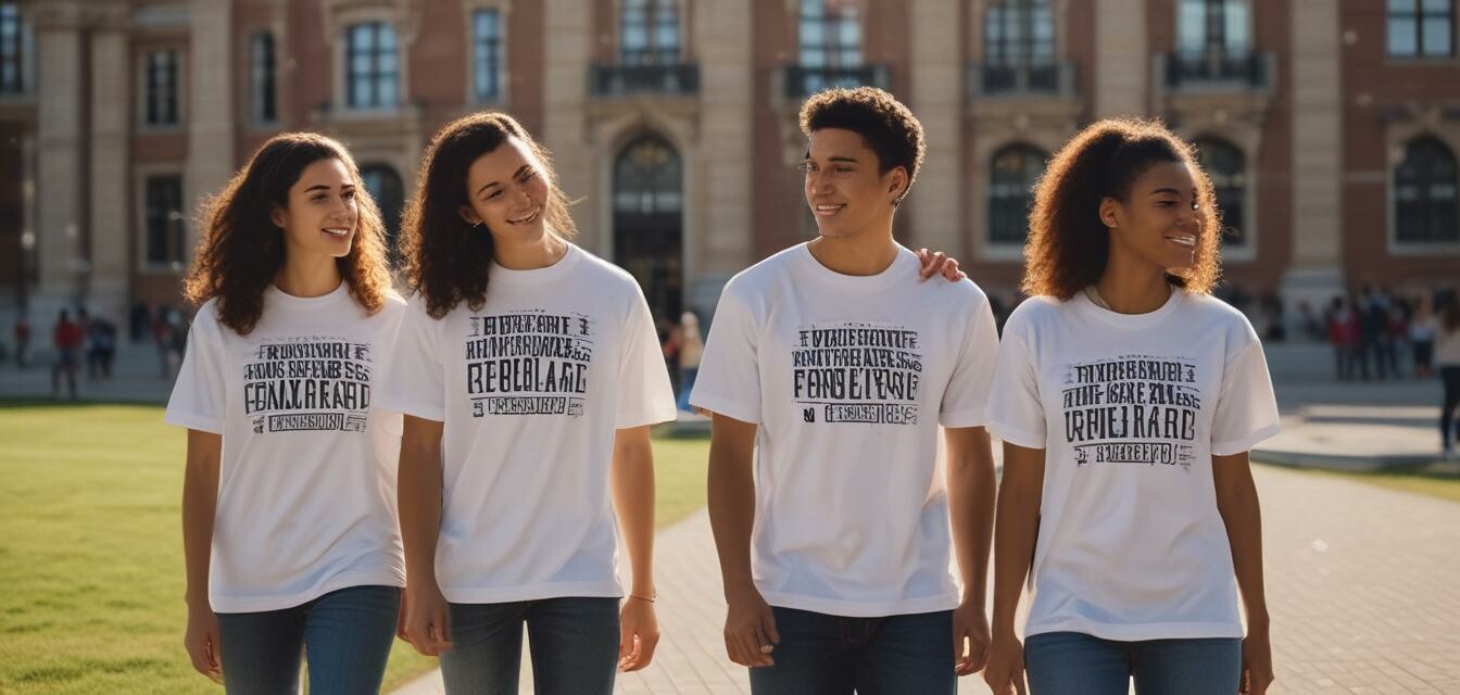 College students wearing college t-shirts on campus