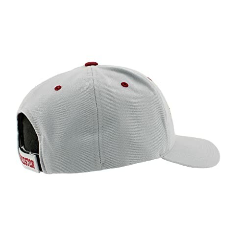 Back view of a gray baseball cap with red accents.