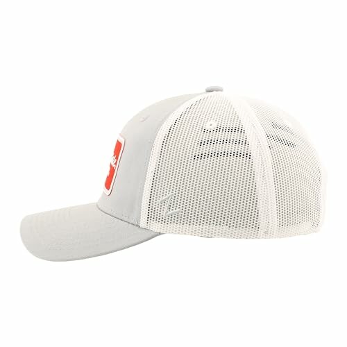 Gray mesh trucker hat with a red logo on the side.