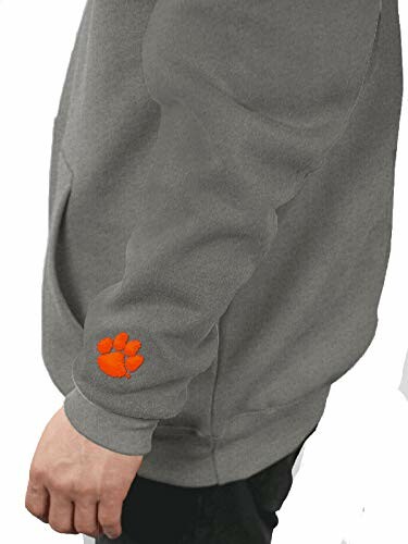 Gray sweatshirt with an orange paw logo on the sleeve.