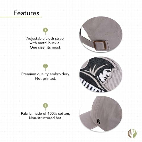 Hat features with strap, embroidery, and cotton fabric.