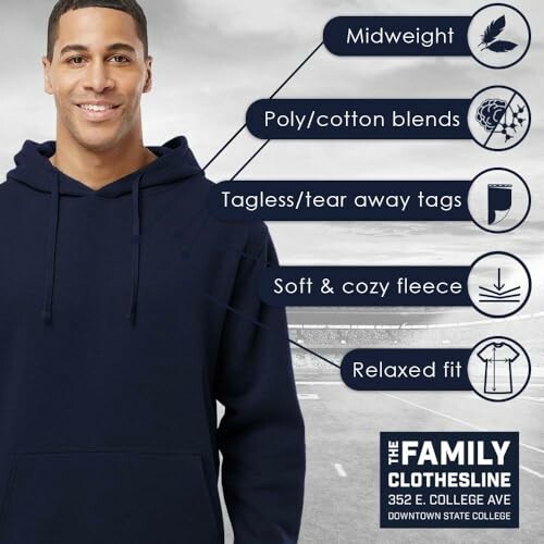 Man wearing a hoodie with features like midweight, poly/cotton blends, tagless, soft fleece, relaxed fit.