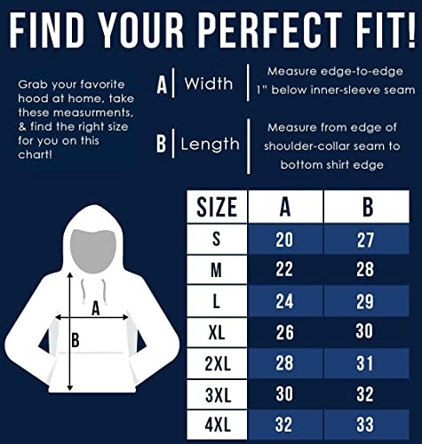 Hoodie size chart with width and length measurements.