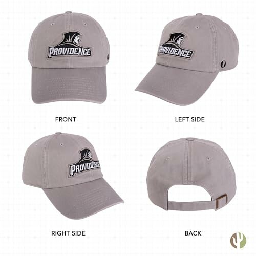 Gray Providence cap with logo shown from front, left side, right side, and back.