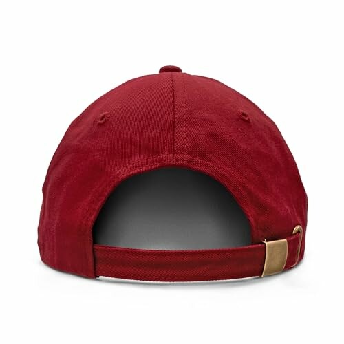 Back view of a red baseball cap with adjustable strap