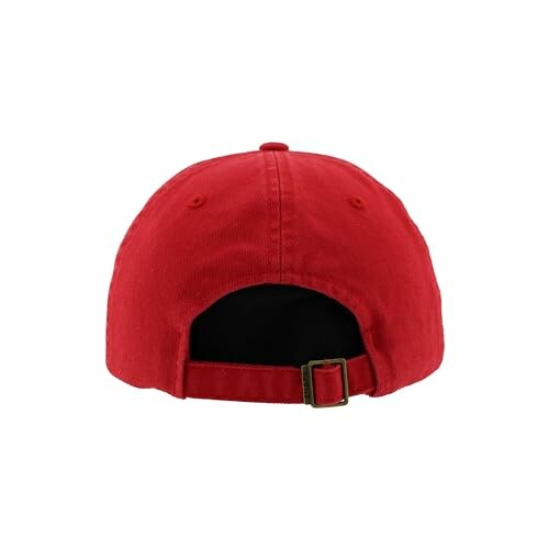 Back view of a red baseball cap with adjustable strap