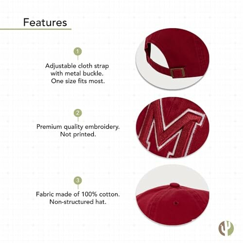 Red hat features: adjustable strap, premium embroidery, 100% cotton.