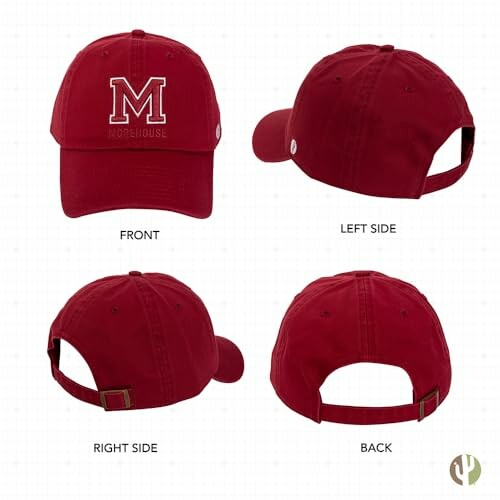 Red Morehouse cap with views from front, left, right, and back.