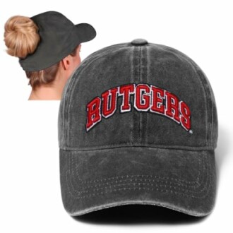 Black baseball cap with Rutgers logo and ponytail opening.