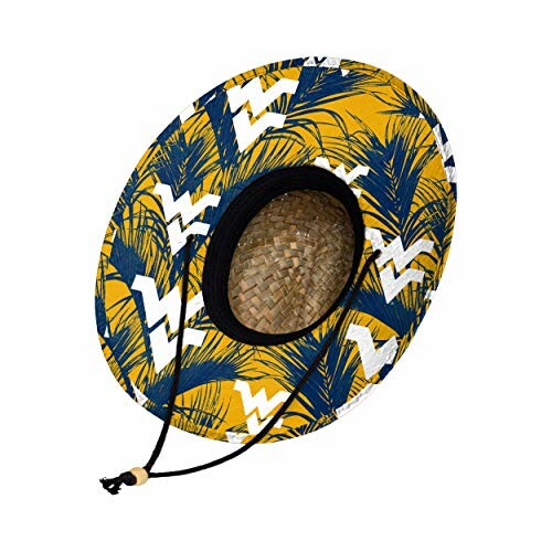 Patterned straw sun hat with a black chin strap.