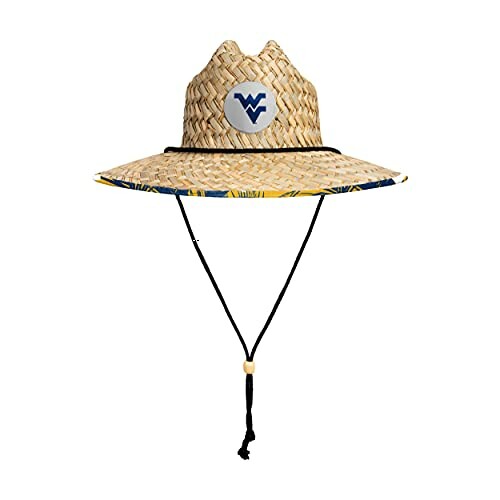 Straw sun hat with a logo and chin strap.