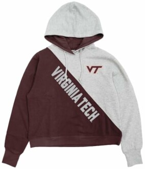 Virginia Tech hoodie with diagonal design in maroon and gray.