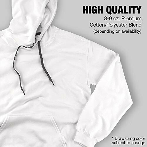 White hoodie with text about quality and material.