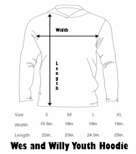 Youth hoodie size chart with measurements for S, M, L, XL.